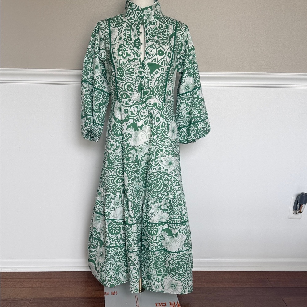 Hyacinth house Tuckernuck Green and White Paisley-Print Maxi Dress